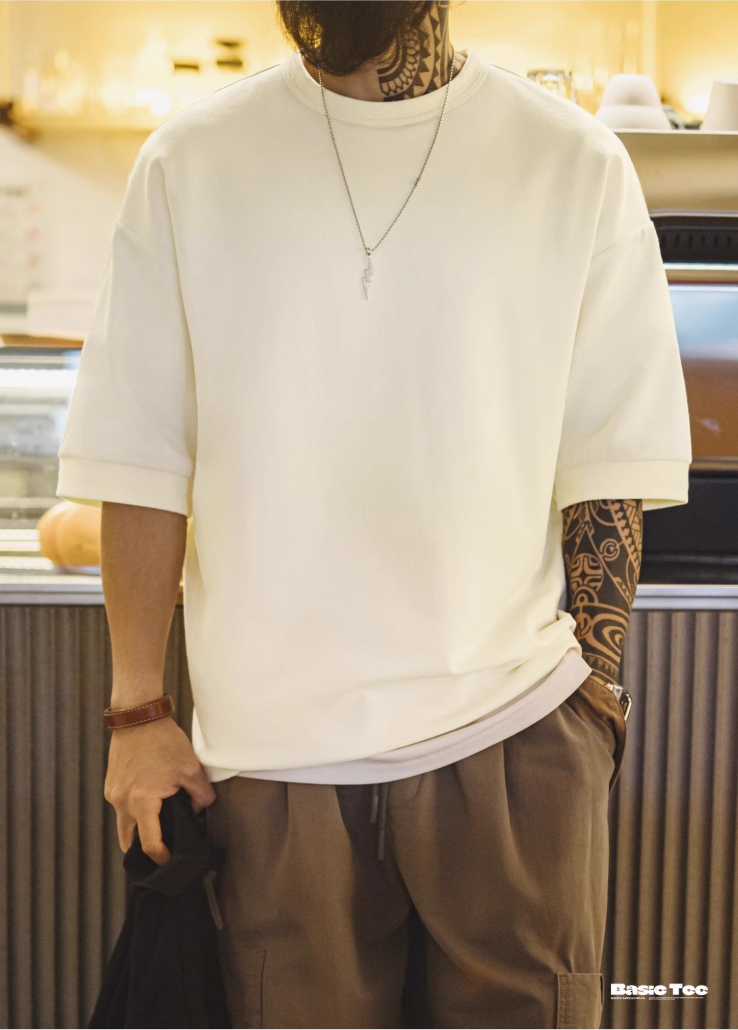 ◆ドロップショルダー５分丈 バック刺繍Ｔシャツ◆S～2XL