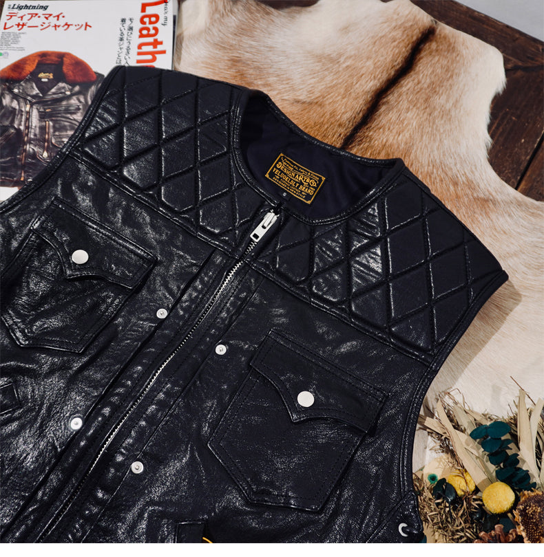 ◇植物タンニン鞣し シープレザー ウォッシュ加工ライダース ベスト◇ S～4XL