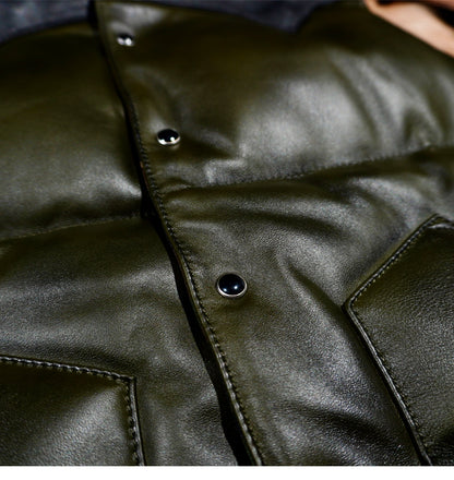 ◇カーキ×ブラックの渋い色合い◇イタリア産シープレザーダウン ベスト◇ S～4XL