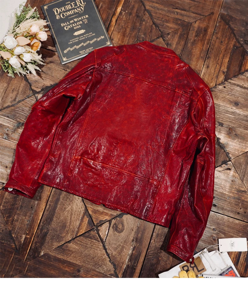 ◇植物タンニン鞣し　ウォッシュ加工シープレザー シングルライダースジャケット ◇レッドL～2XL