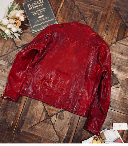 ◇植物タンニン鞣し　ウォッシュ加工シープレザー シングルライダースジャケット ◇レッドL～2XL