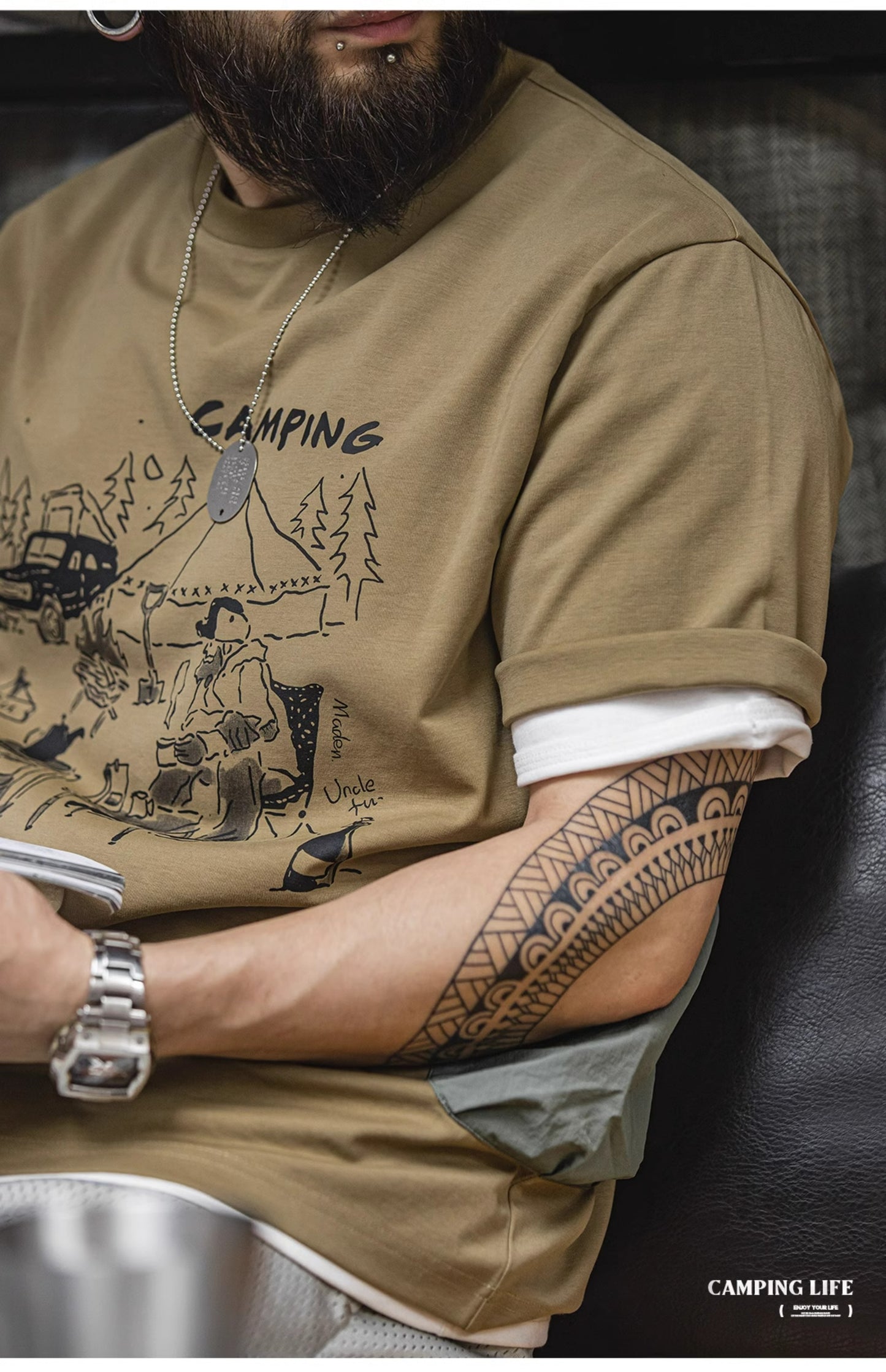 ◆CAMPING LIFEプリント片ポケＴシャツ◆S～2XL