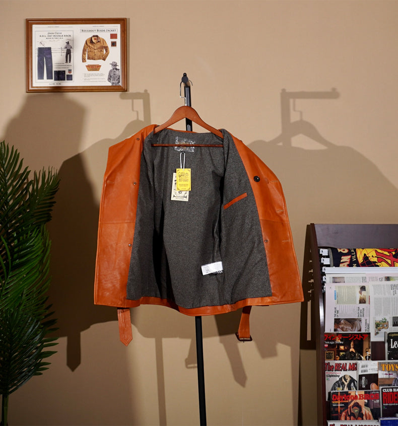▲ヴィンテージ復刻 カウレザーダブルブレスト ファーマーズコート▼ブラウン S～4XL