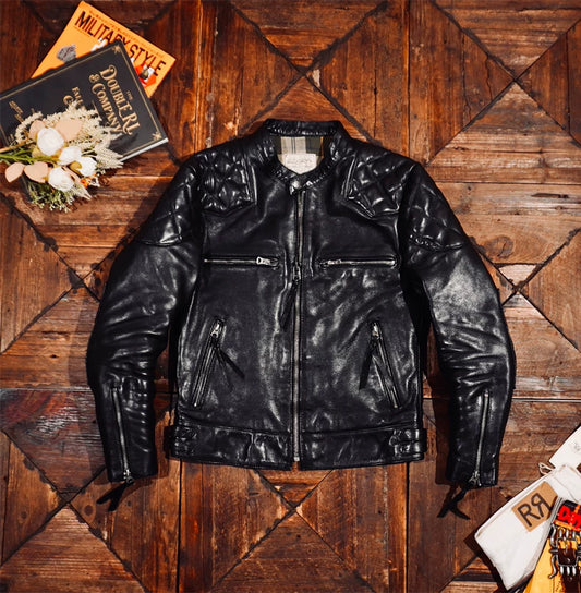 ◇植物タンニン鞣し　ウォッシュ加工カウレザー カフェレーサー シングルライダースジャケット ◇ブラックS～5XL