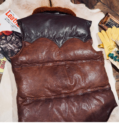 ◇植物タンニン鞣し ウォッシュ加工 シープレザーシープレザーダウン ベスト◇ S～4XL