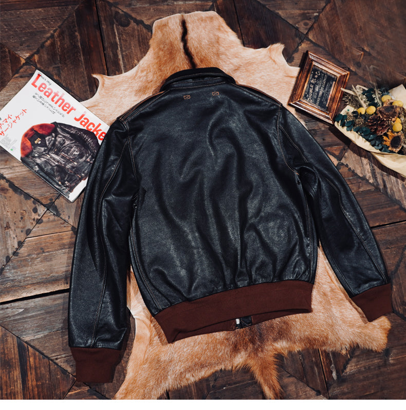 ☆ヴィンテージ復刻 植物タンニン鞣しカーフレザー A-2ジャケット☆ブラック