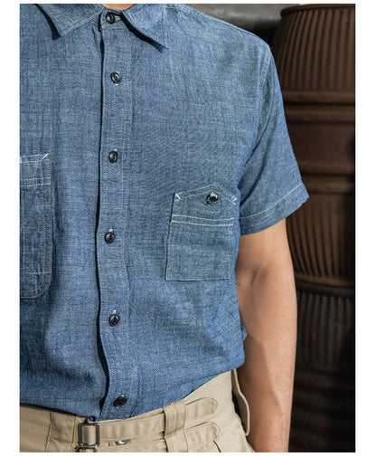 ◆ヴィンテージ40's復刻デザイン 山ポケ 半袖6.5オンス シャンブレーワーク シャツ◆S～2XL