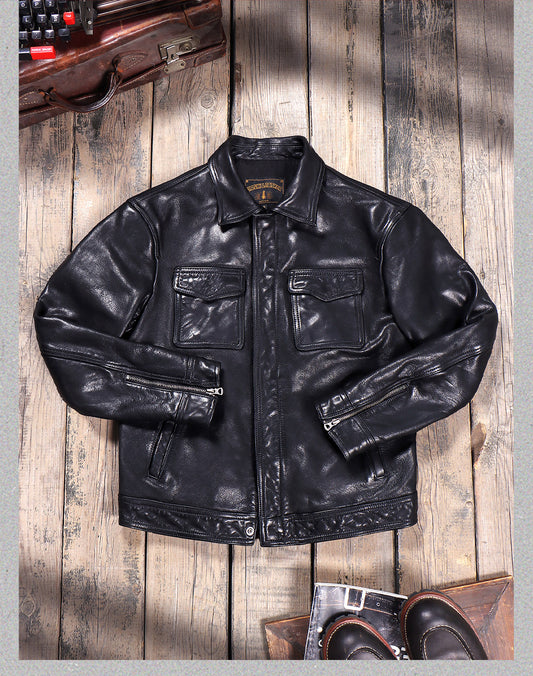 ヴィンテージ復刻スタイル◇植物タンニン鞣しイタリア産カーフレザー ジャケット◇M～4XL