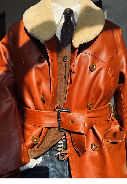 ★ナバホブランケット裏地★アメリカ産植物タンニン鞣しカウレザー×ムートン ランチコート★