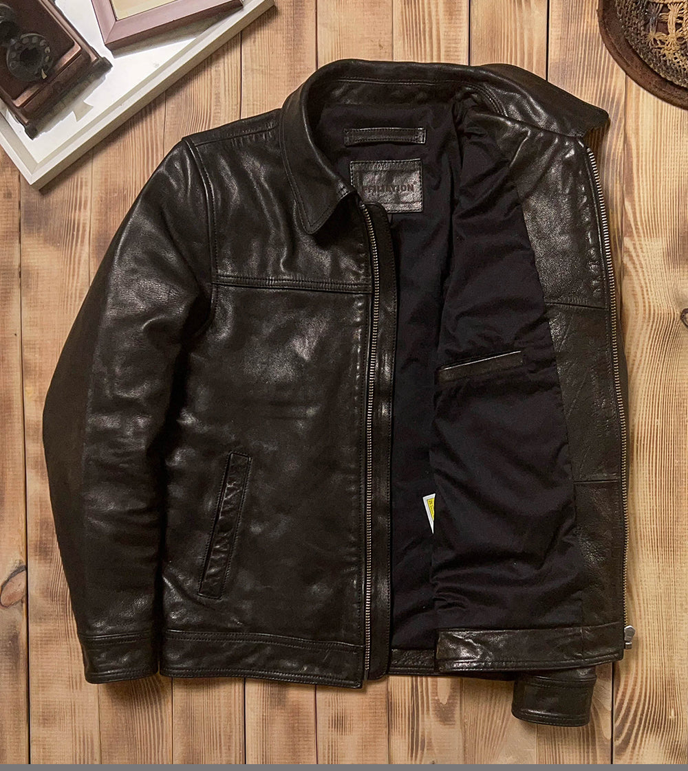 SALEプライス★VINTAGE復刻デザイン 植物タンニンなめし ゴートレザー シングルライダースジャケット★M～5XL