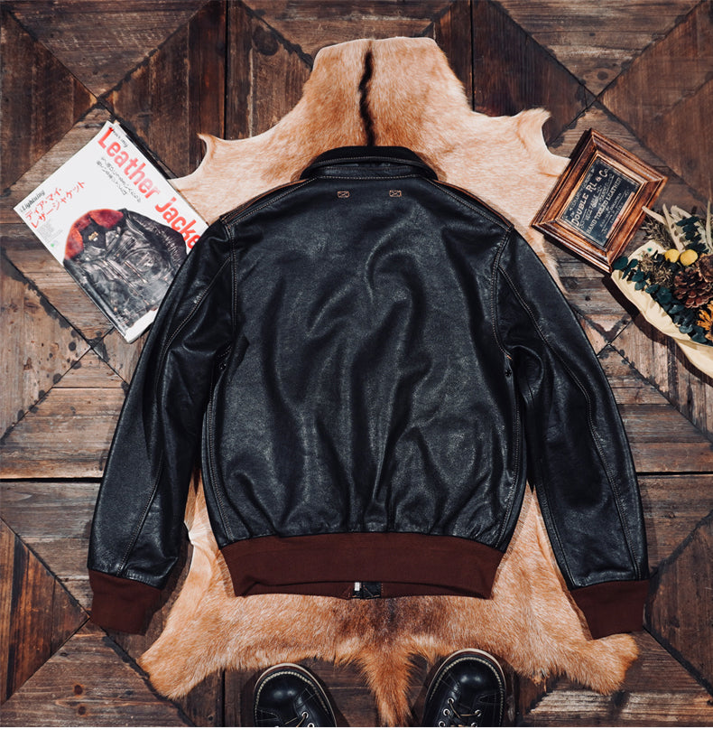 ☆ヴィンテージ復刻 植物タンニン鞣しカーフレザー A-2ジャケット☆ブラック