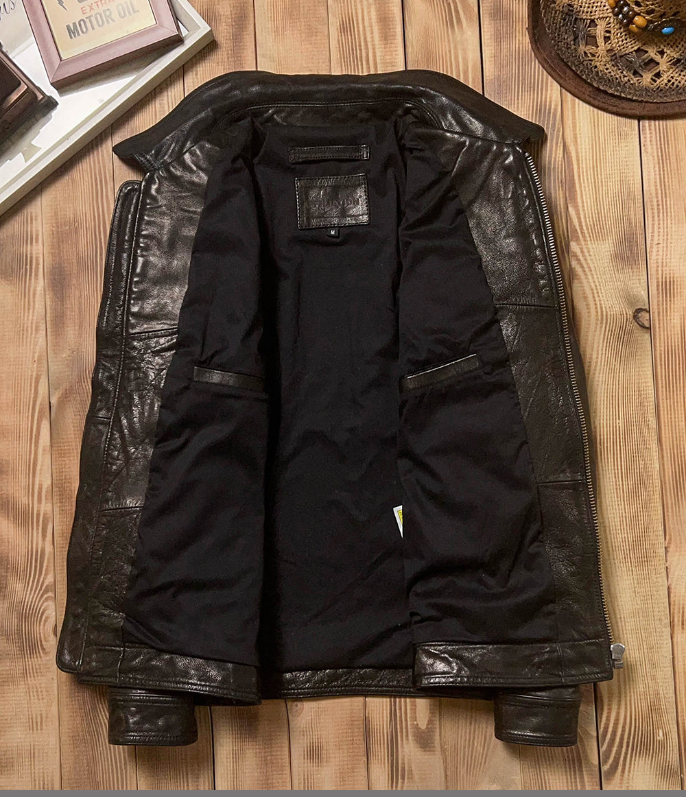SALEプライス★VINTAGE復刻デザイン 植物タンニンなめし ゴートレザー シングルライダースジャケット★M～5XL