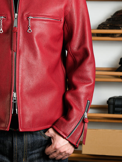 ◇ヴィンテージ復刻 J-100型 カフェレーサースタイル ゴートレザー シングルライダースジャケット◇ レッドS～3XL