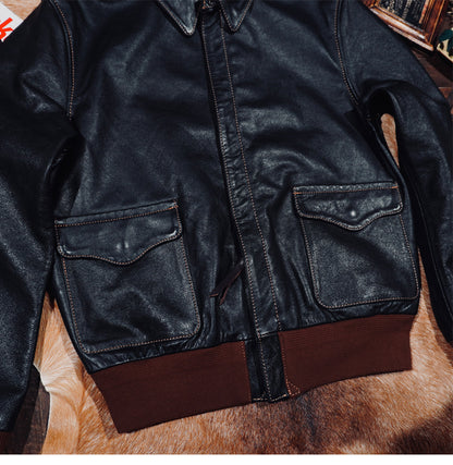 ☆ヴィンテージ復刻 植物タンニン鞣しカーフレザー A-2ジャケット☆ブラック