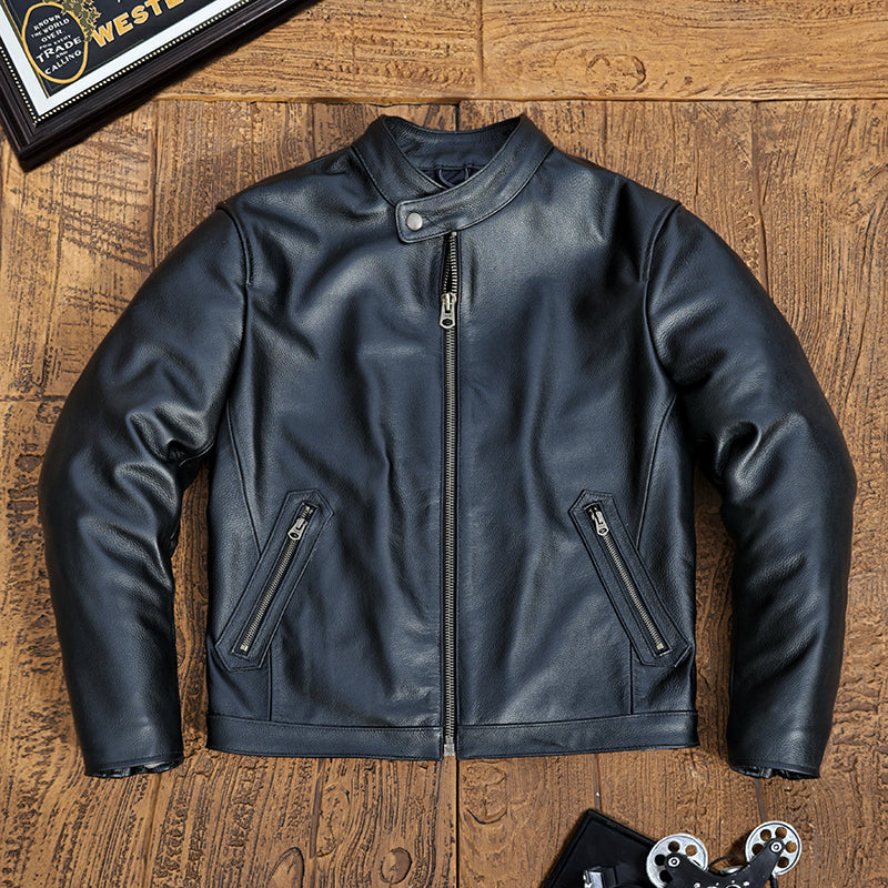 カウレザー シングルライダースジャケット M～5XL ブラック 