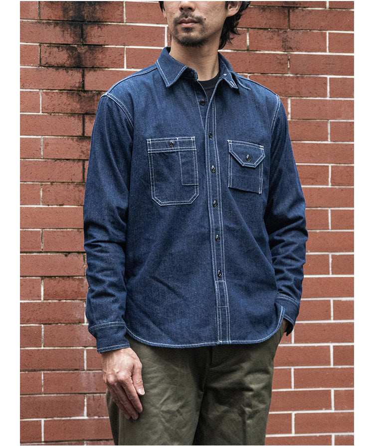 ヴィンテージ30’ｓ 復刻デザイン３本針でしっかり△10.5デニムワークシャツ▽S～2XL
