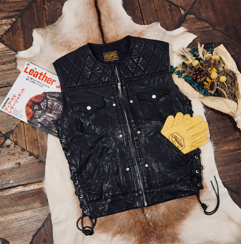 ◇植物タンニン鞣し シープレザー ウォッシュ加工ライダース ベスト◇ S～4XL