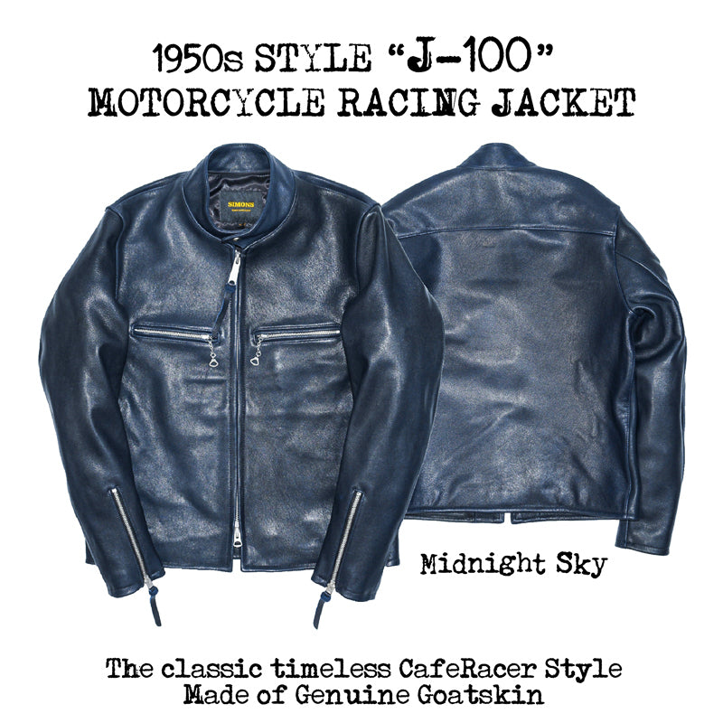 ◇ヴィンテージ復刻 J-100型 カフェレーサースタイル ゴートレザー シングルライダースジャケット◇ ネイビーS～3XL