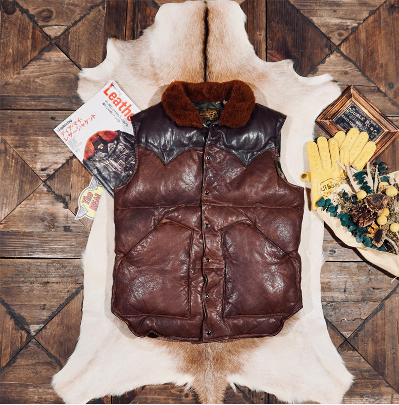 ◇植物タンニン鞣し ウォッシュ加工 シープレザーシープレザーダウン ベスト◇ S～4XL