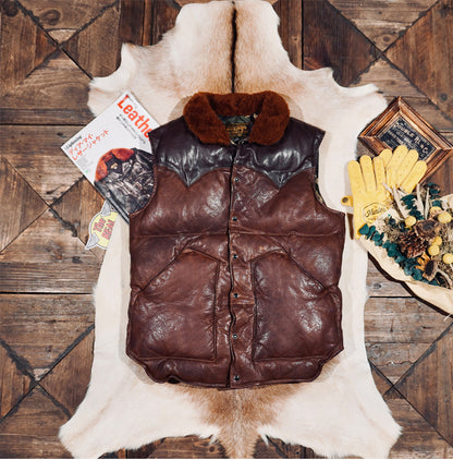 ◇植物タンニン鞣し ウォッシュ加工 シープレザーシープレザーダウン ベスト◇ S～4XL