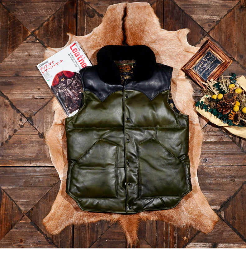 ◇カーキ×ブラックの渋い色合い◇イタリア産シープレザーダウン ベスト◇ S～4XL