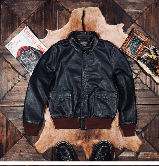 ☆ヴィンテージ復刻 植物タンニン鞣しカーフレザー A-2ジャケット☆ブラック