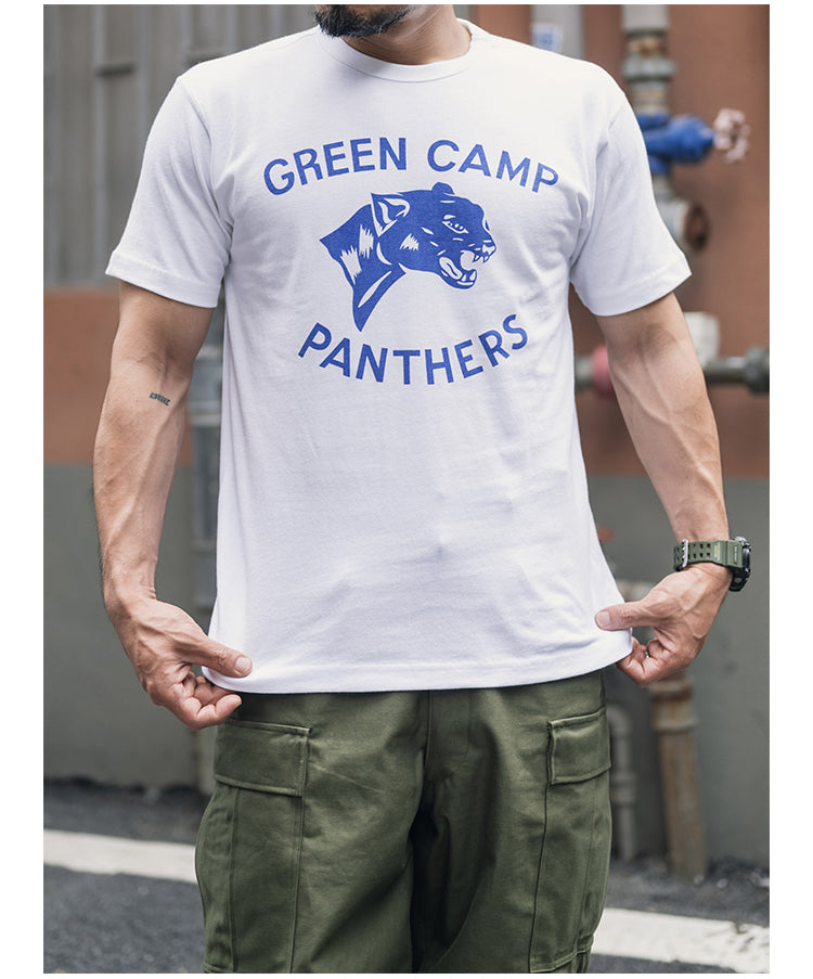 ２色展開◆色味、プリントの雰囲気もGOOD◆ヴィンテージ復刻GREEN CAMP PANTHERSプリント Ｔシャツ◆S～2XL