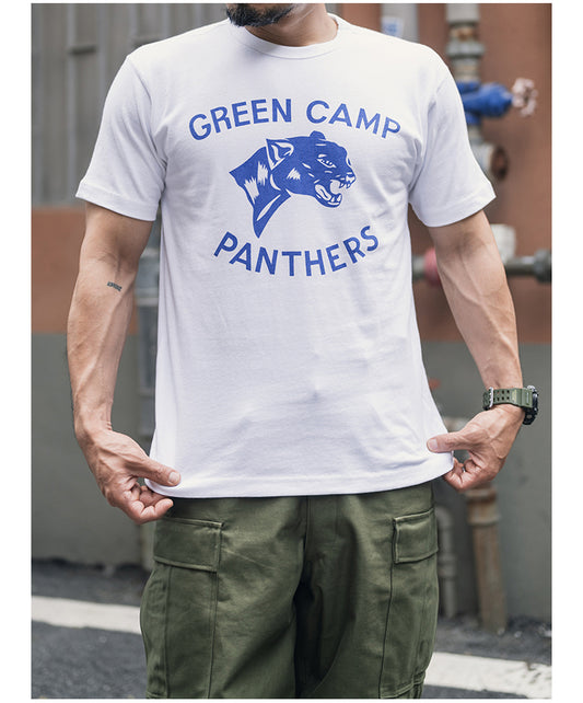 ２色展開◆色味、プリントの雰囲気もGOOD◆ヴィンテージ復刻GREEN CAMP PANTHERSプリント Ｔシャツ◆S～2XL