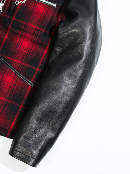 ◇1930’sヴィンテージ復刻デザイン バッファローチェックウール 切替 レザージャケット◇S～3XL