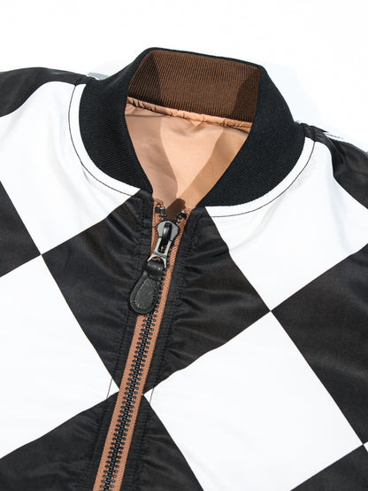 真冬にも▲リバーシブルデザイン チェッカー柄MA-1ジャケット 中綿入り▼S～2XL