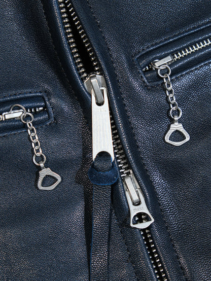 ◇ヴィンテージ復刻 J-100型 カフェレーサースタイル ゴートレザー シングルライダースジャケット◇ ネイビーS～3XL