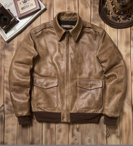 1.7mm極厚◇◇ヴィンテージ復刻 オイルフィニッシュカウレザーA-2ジャケット◇◇M~5XL