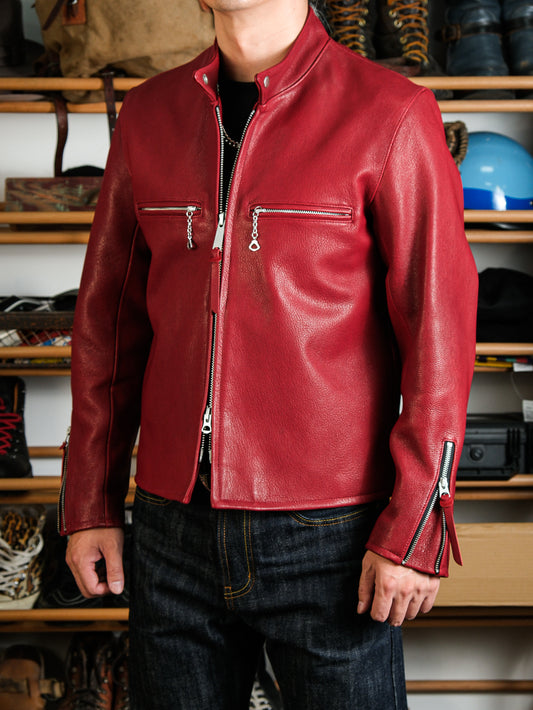 ◇ヴィンテージ復刻 J-100型 カフェレーサースタイル ゴートレザー シングルライダースジャケット◇ レッドS～3XL