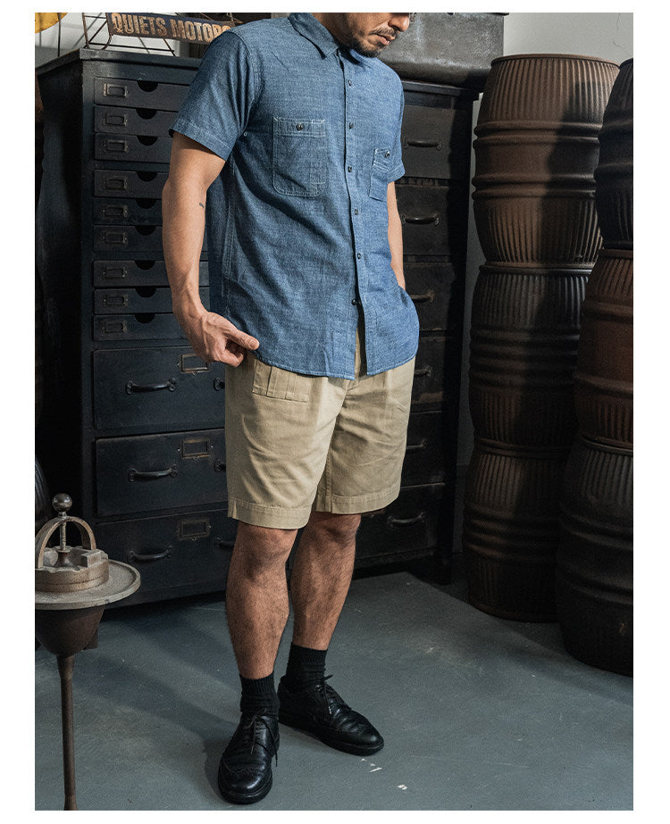 ◆ヴィンテージ40's復刻デザイン 山ポケ 半袖6.5オンス シャンブレーワーク シャツ◆S～2XL