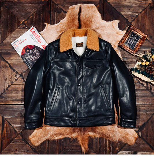 ★ヴィンテージ復刻 水染めカウレザー×ムートン トラッカージャケット★S～4XL