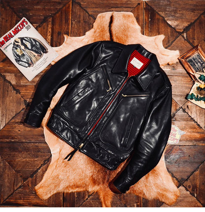 1.5mm厚◇植物タンニン鞣し ホースハイドレザー シングルライダースジャケット ブラック◇ S～5XL