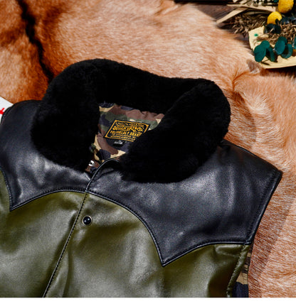 ◇カーキ×ブラックの渋い色合い◇イタリア産シープレザーダウン ベスト◇ S～4XL