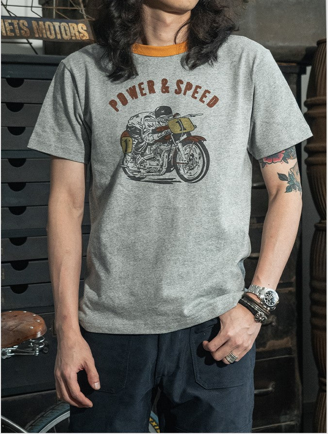 ２色展開◆色味、プリントの雰囲気もGOOD◆ヴィンテージ復刻 POWER&SPEEDバイクＴシャツ◆S～2XL