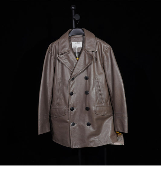 絶妙な色味の２色展開▲ヴィンテージ復刻スタイル カウレザー  Pコート▼XL～3XL