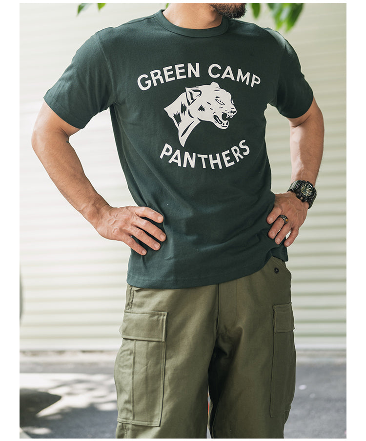 ２色展開◆色味、プリントの雰囲気もGOOD◆ヴィンテージ復刻GREEN CAMP PANTHERSプリント Ｔシャツ◆S～2XL