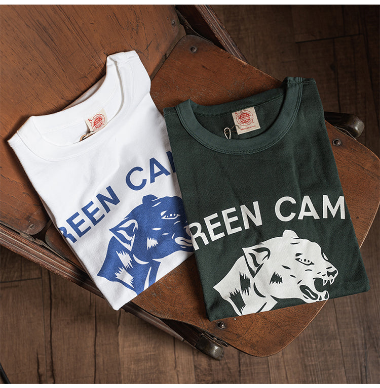 ２色展開◆色味、プリントの雰囲気もGOOD◆ヴィンテージ復刻GREEN CAMP PANTHERSプリント Ｔシャツ◆S～2XL