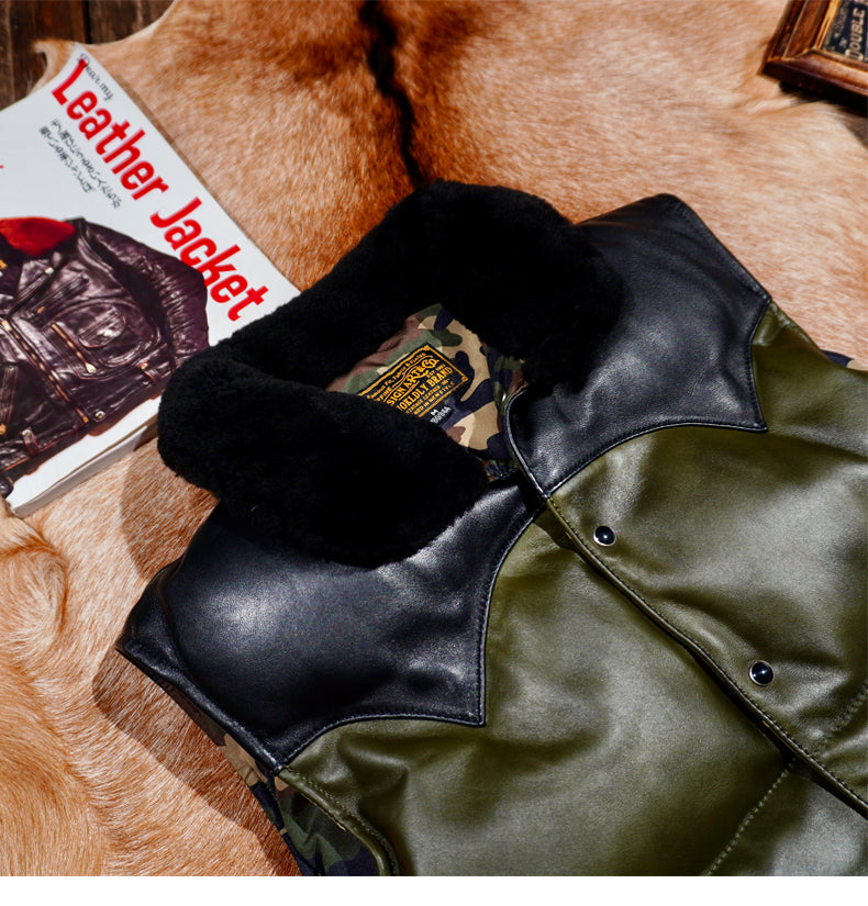 ◇カーキ×ブラックの渋い色合い◇イタリア産シープレザーダウン ベスト◇ S～4XL