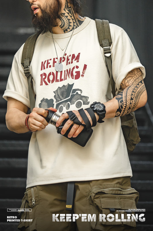 ◆ハーフスリーブ KEEP’EM ROLLING!プリント Ｔシャツ◆S～2XL