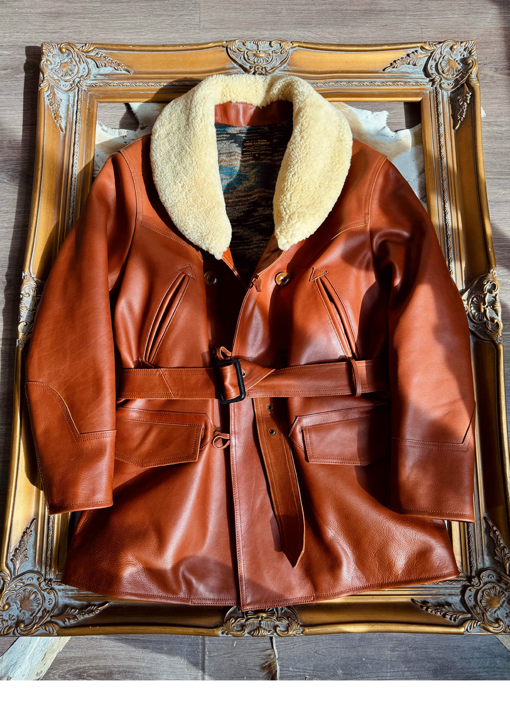 ★ナバホブランケット裏地★アメリカ産植物タンニン鞣しカウレザー×ムートン ランチコート★