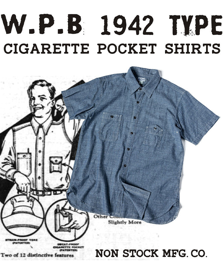 ◆ヴィンテージ40's復刻デザイン 山ポケ 半袖6.5オンス シャンブレーワーク シャツ◆S～2XL