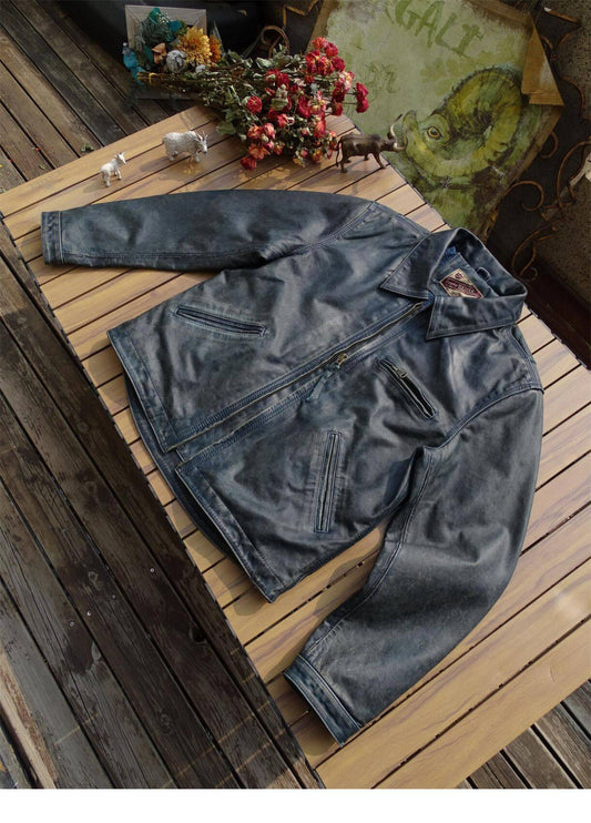 昨シーズン物売り切りSALEプライス◆1930's VINTAGE復刻デザイン茶芯 ネイビーカウレザー スポーツジャケット◆S~5XL