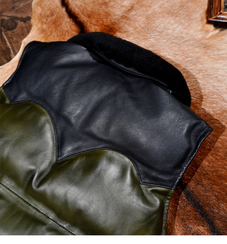 ◇カーキ×ブラックの渋い色合い◇イタリア産シープレザーダウン ベスト◇ S～4XL