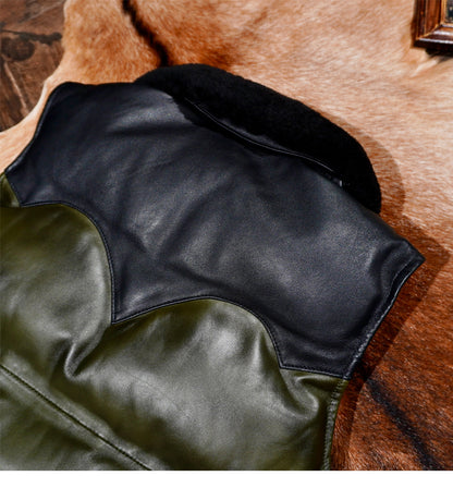 ◇カーキ×ブラックの渋い色合い◇イタリア産シープレザーダウン ベスト◇ S～4XL