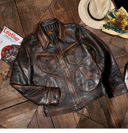 70’s ヴィンテージ復刻 植物タンニンなめし茶芯 カウレザー シングルライダース ジャケット S～4XL