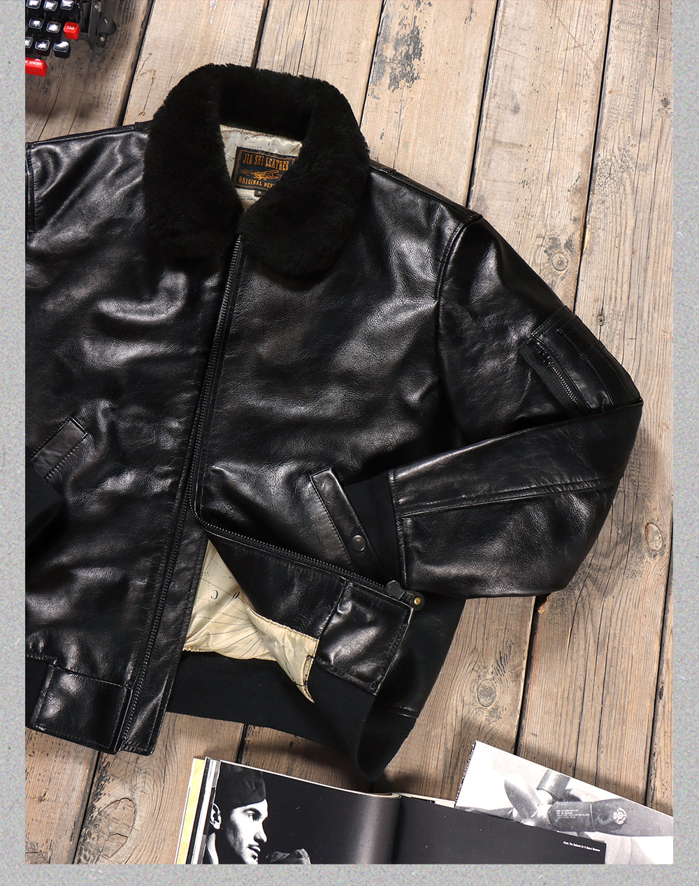 １点のみスペシャルSALE◇Lサイズ◇ゆったりシルエット◇航路地図柄の裏地◇カウレザーB-15フライトジャケット◇